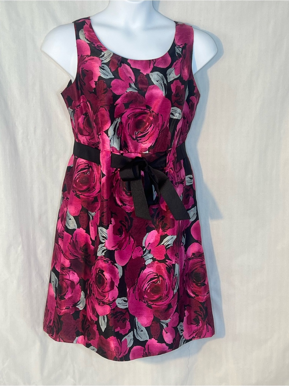 Perceptions New York Pink & Black Rose Floral Fit & Flare Satin Sleeveless 14 👍